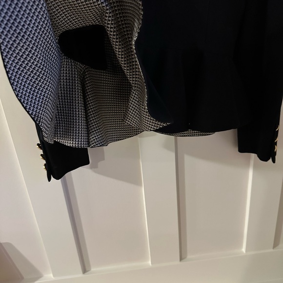 Louis Feraud waist length jacket with ruffle bottom over top of hips. - Picture 9 of 10